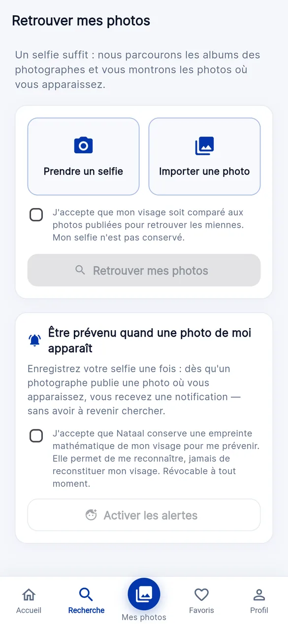 Écran « Retrouver mes photos » : prendre un selfie ou
importer une photo, avec une case de consentement ; en
dessous, l’option d’être prévenu quand une photo de soi
est publiée.